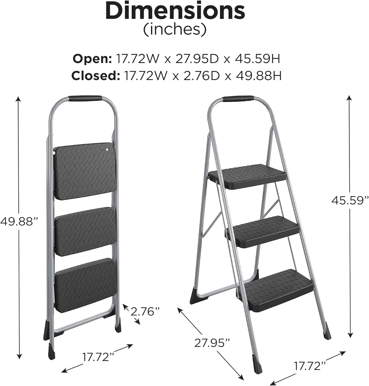 Cosco 11408PBL1E Three Step Big Step Folding Step Stool with Rubber Hand Grip, Grey
