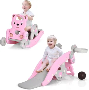 Costzon 5 in 1 Toddler Slide Rocking Toy, Slide for Kids with Detachable Stool, Basketball Hoop and Ring Game, Foldable Climber Playground Slide for Both Indoors Outdoor Use (Pink Bear)