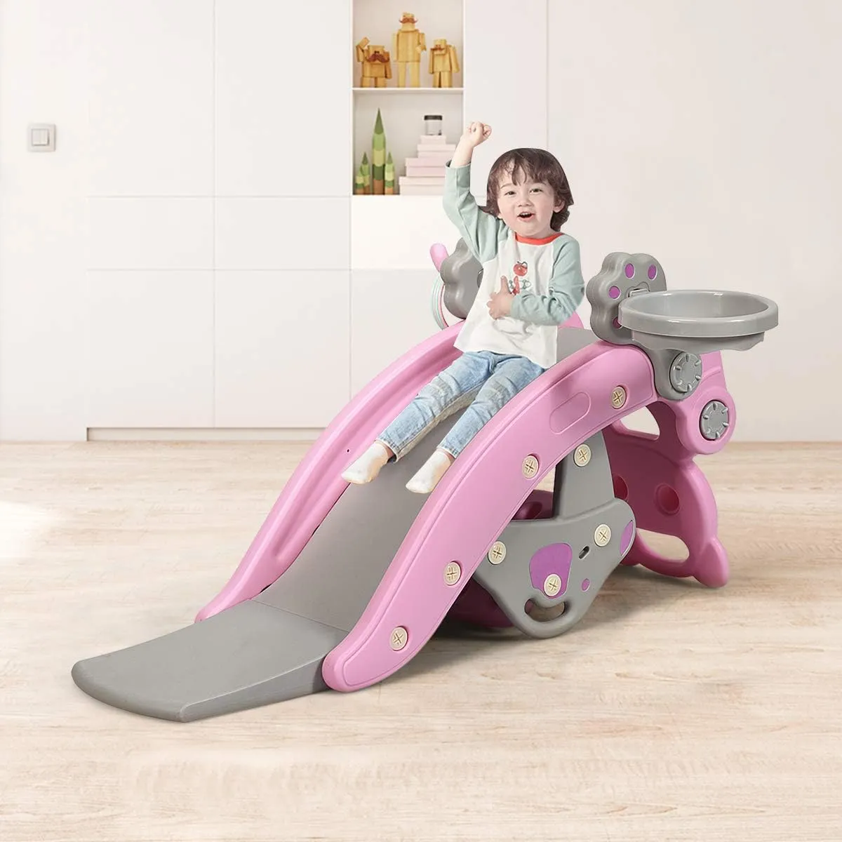 Costzon 5 in 1 Toddler Slide Rocking Toy, Slide for Kids with Detachable Stool, Basketball Hoop and Ring Game, Foldable Climber Playground Slide for Both Indoors Outdoor Use (Pink Bear)
