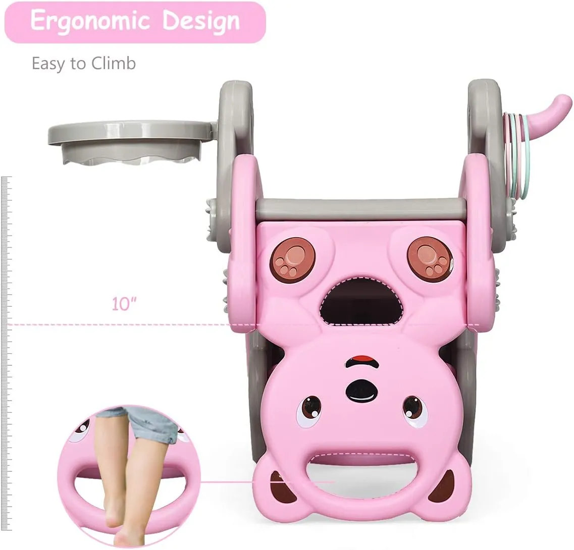 Costzon 5 in 1 Toddler Slide Rocking Toy, Slide for Kids with Detachable Stool, Basketball Hoop and Ring Game, Foldable Climber Playground Slide for Both Indoors Outdoor Use (Pink Bear)