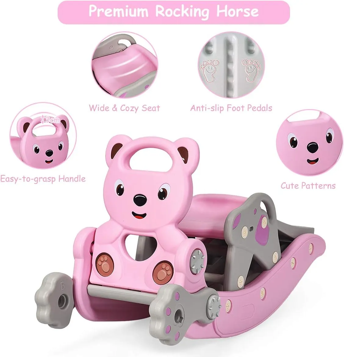 Costzon 5 in 1 Toddler Slide Rocking Toy, Slide for Kids with Detachable Stool, Basketball Hoop and Ring Game, Foldable Climber Playground Slide for Both Indoors Outdoor Use (Pink Bear)