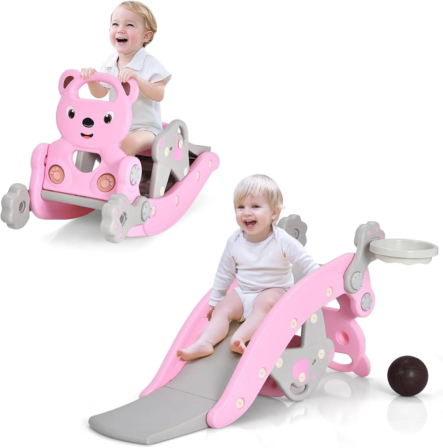 Costzon 5 in 1 Toddler Slide Rocking Toy, Slide for Kids with Detachable Stool, Basketball Hoop and Ring Game, Foldable Climber Playground Slide for Both Indoors Outdoor Use (Pink Bear)