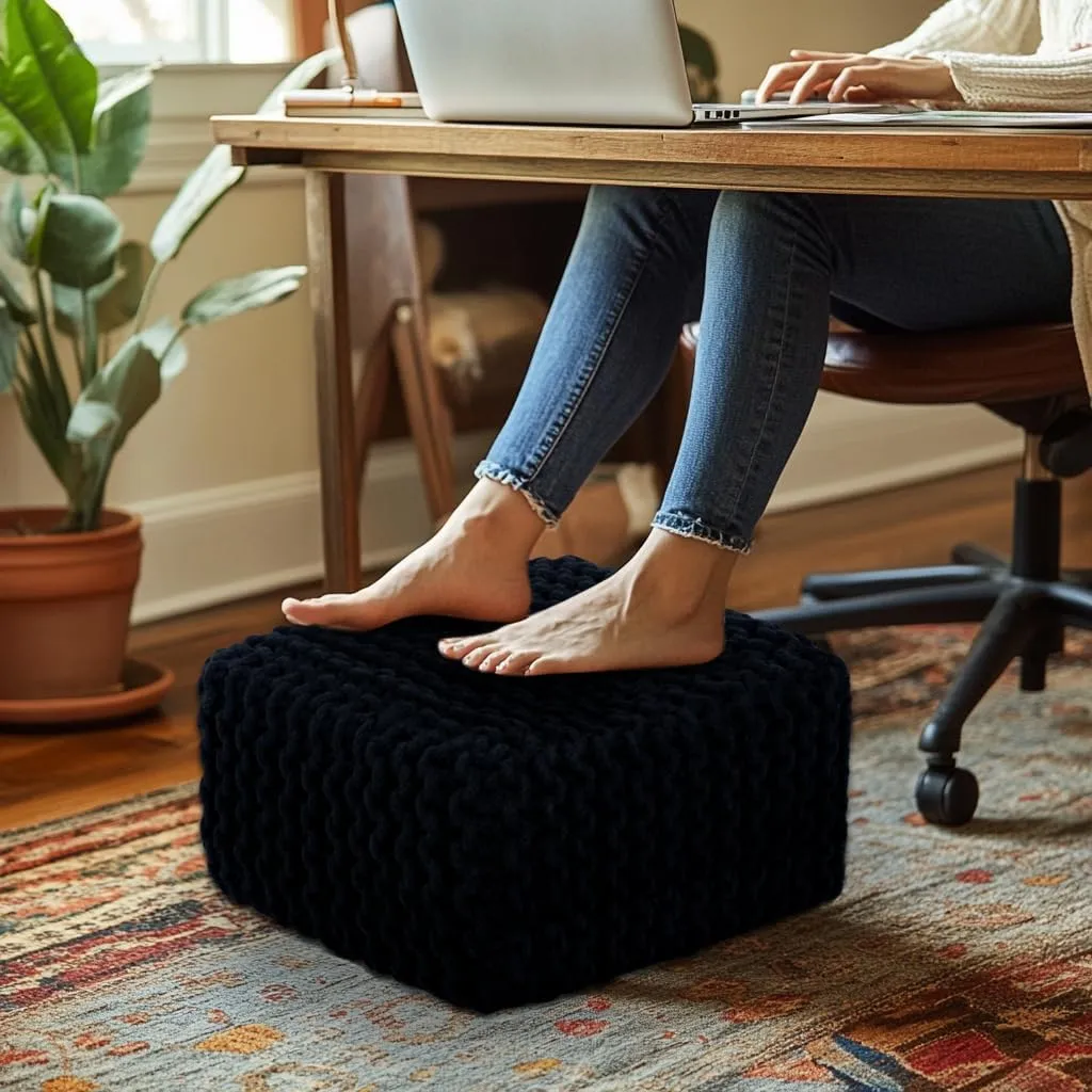 COTTON CRAFT Braided Footrest - Handknitted Cotton Cord Dori Foot Stool Ottoman - Low Floor Pouf - Lightweight Portable - Small Spaces Living Room Bedroom Entryway Under Desk - 14 x 8 Square - Black