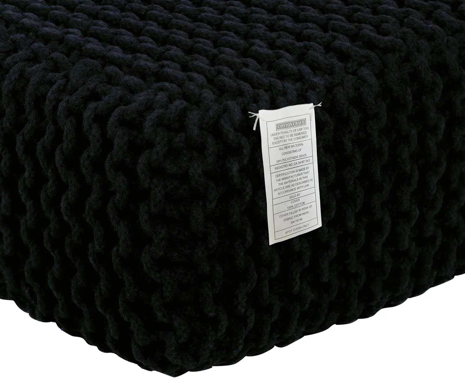 COTTON CRAFT Braided Footrest - Handknitted Cotton Cord Dori Foot Stool Ottoman - Low Floor Pouf - Lightweight Portable - Small Spaces Living Room Bedroom Entryway Under Desk - 14 x 8 Square - Black