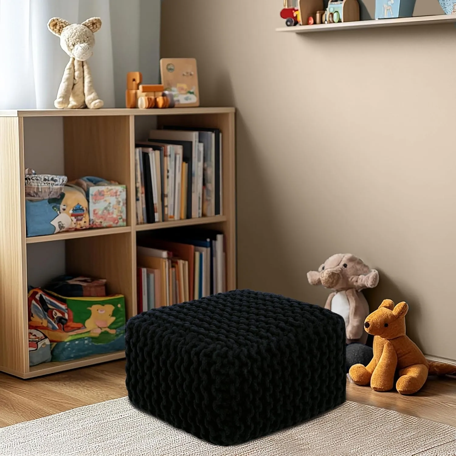 COTTON CRAFT Braided Footrest - Handknitted Cotton Cord Dori Foot Stool Ottoman - Low Floor Pouf - Lightweight Portable - Small Spaces Living Room Bedroom Entryway Under Desk - 14 x 8 Square - Black