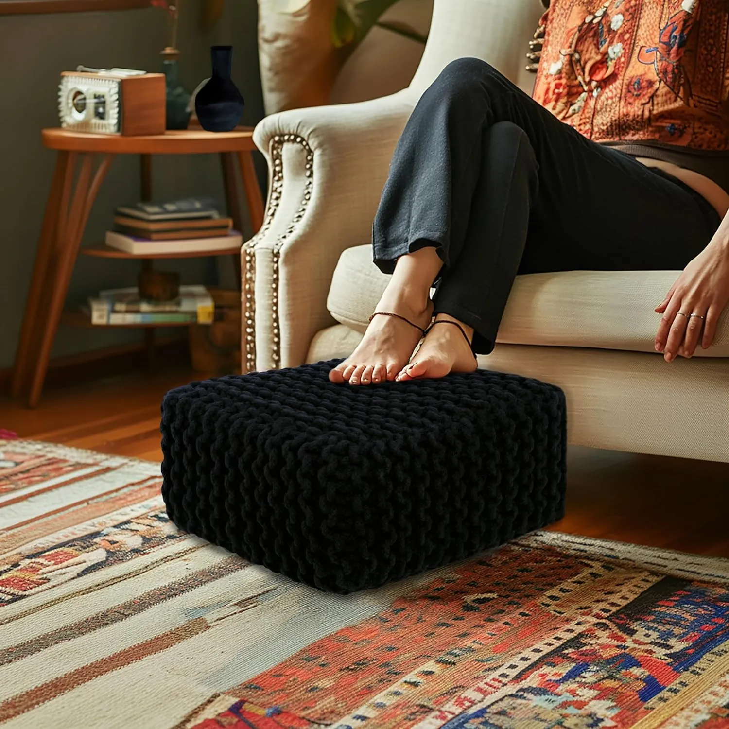 COTTON CRAFT Braided Footrest - Handknitted Cotton Cord Dori Foot Stool Ottoman - Low Floor Pouf - Lightweight Portable - Small Spaces Living Room Bedroom Entryway Under Desk - 14 x 8 Square - Black