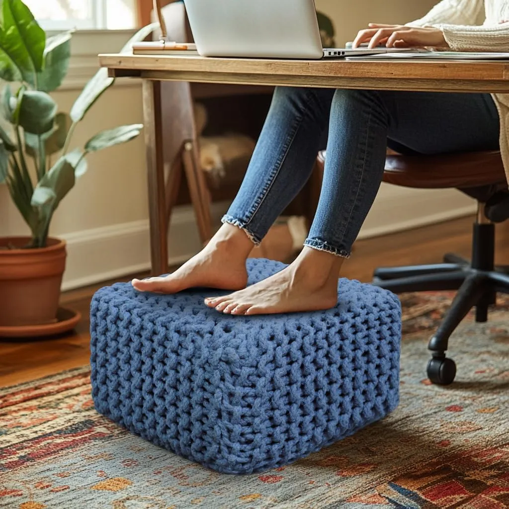 COTTON CRAFT Braided Footrest - Handknitted Cotton Cord Dori Foot Stool Ottoman - Low Floor Pouf - Lightweight Portable - Small Spaces Living Room Bedroom Entryway Under Desk - 14 x 8 Square - Blue