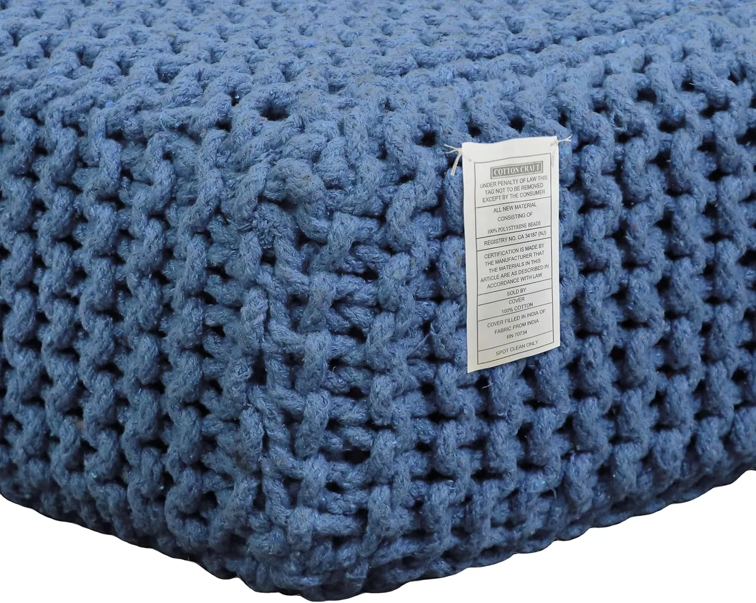 COTTON CRAFT Braided Footrest - Handknitted Cotton Cord Dori Foot Stool Ottoman - Low Floor Pouf - Lightweight Portable - Small Spaces Living Room Bedroom Entryway Under Desk - 14 x 8 Square - Blue