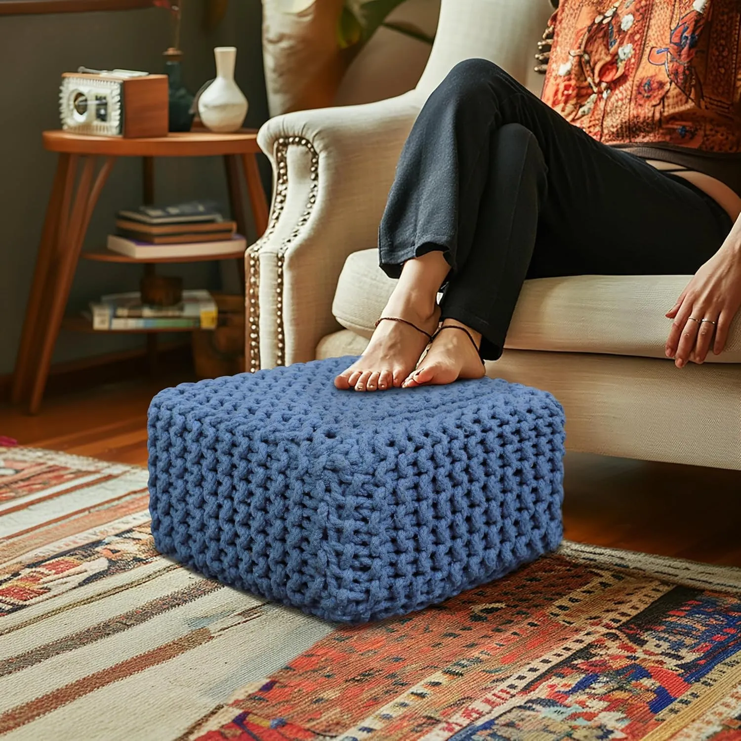 COTTON CRAFT Braided Footrest - Handknitted Cotton Cord Dori Foot Stool Ottoman - Low Floor Pouf - Lightweight Portable - Small Spaces Living Room Bedroom Entryway Under Desk - 14 x 8 Square - Blue