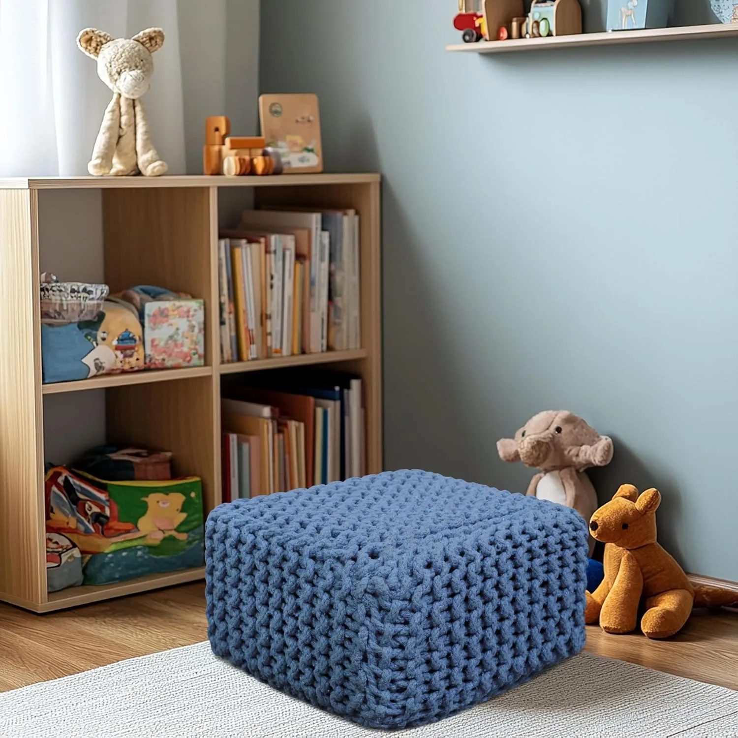 COTTON CRAFT Braided Footrest - Handknitted Cotton Cord Dori Foot Stool Ottoman - Low Floor Pouf - Lightweight Portable - Small Spaces Living Room Bedroom Entryway Under Desk - 14 x 8 Square - Blue