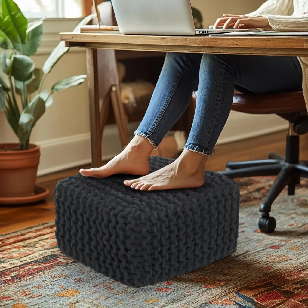 COTTON CRAFT Braided Footrest - Handknitted Cotton Cord Dori Foot Stool Ottoman - Low Floor Pouf - Lightweight Portable - Small Spaces Living Room Bedroom Entryway Under Desk - 14 x 8 Square - Grey