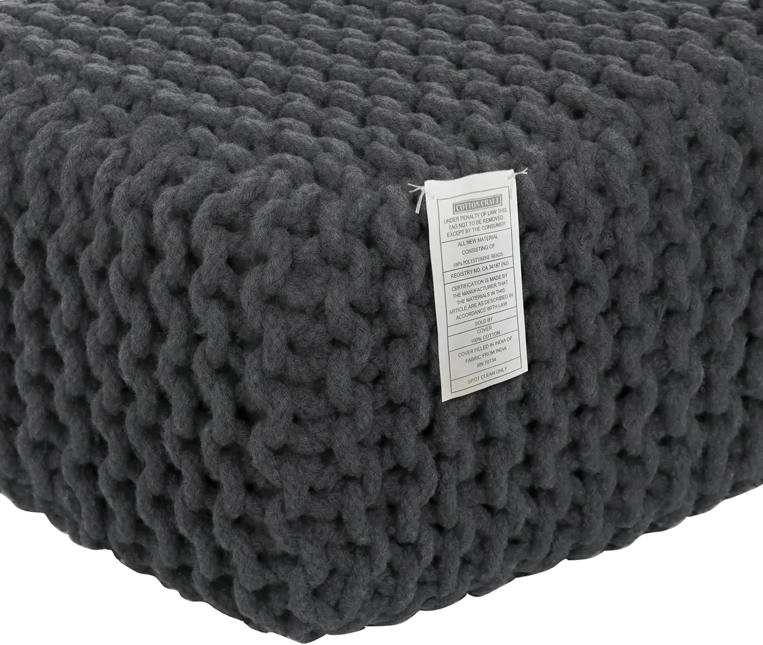 COTTON CRAFT Braided Footrest - Handknitted Cotton Cord Dori Foot Stool Ottoman - Low Floor Pouf - Lightweight Portable - Small Spaces Living Room Bedroom Entryway Under Desk - 14 x 8 Square - Grey