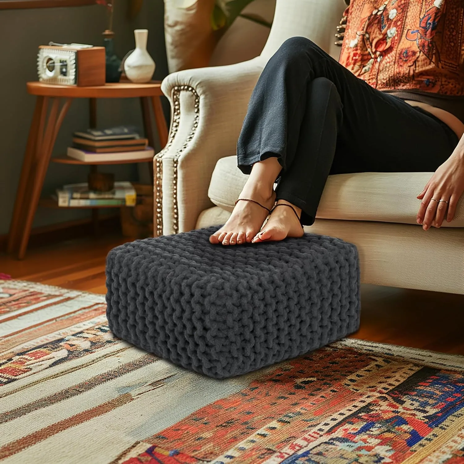 COTTON CRAFT Braided Footrest - Handknitted Cotton Cord Dori Foot Stool Ottoman - Low Floor Pouf - Lightweight Portable - Small Spaces Living Room Bedroom Entryway Under Desk - 14 x 8 Square - Grey