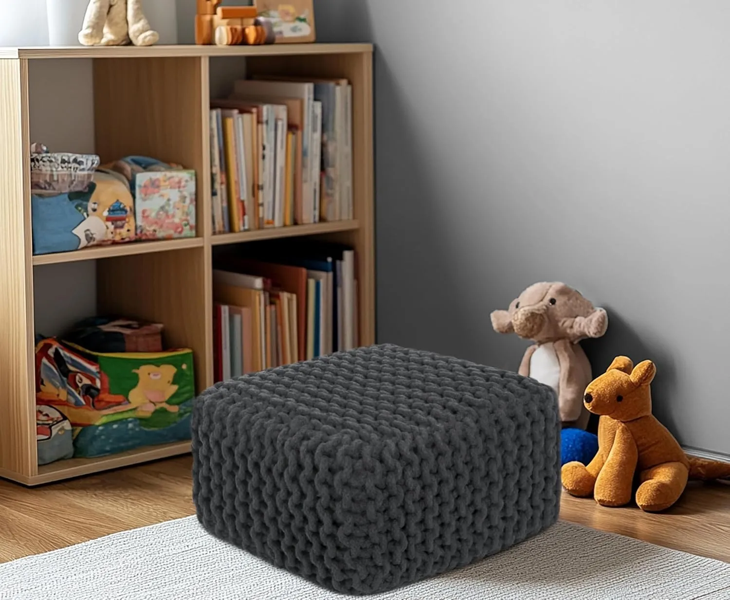 COTTON CRAFT Braided Footrest - Handknitted Cotton Cord Dori Foot Stool Ottoman - Low Floor Pouf - Lightweight Portable - Small Spaces Living Room Bedroom Entryway Under Desk - 14 x 8 Square - Grey