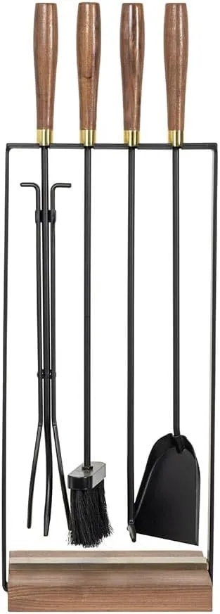 Country Living Walnut Grove 5 Piece Fireplace Tool Set in Black | Walnut Wood Handles | Includes Brush, Shovel, Fire Poker, Tongs and Stand | Heavy-Duty Steel | Heat-Resistant Powder Coating