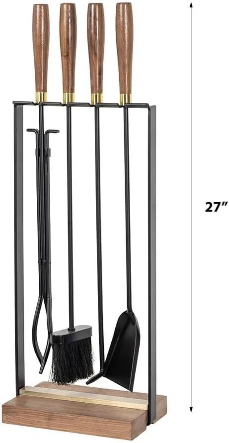 Country Living Walnut Grove 5 Piece Fireplace Tool Set in Black | Walnut Wood Handles | Includes Brush, Shovel, Fire Poker, Tongs and Stand | Heavy-Duty Steel | Heat-Resistant Powder Coating