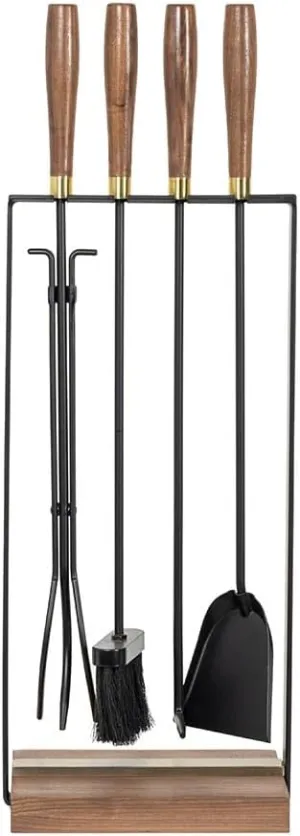 Country Living Walnut Grove 5 Piece Fireplace Tool Set in Black | Walnut Wood Handles | Includes Brush, Shovel, Fire Poker, Tongs and Stand | Heavy-Duty Steel | Heat-Resistant Powder Coating