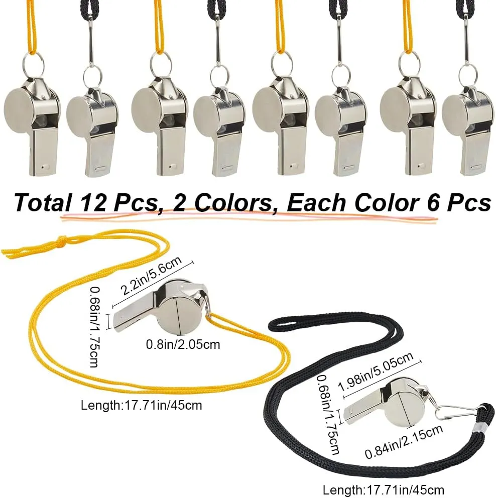 CREATCABIN 12Pcs Alloy Sports Whistle PE Class Training Loud Crisp Sound Emergency Whistle Referee Sports Race Outdoor Activities with Lanyard for Teacher Coach Polices Officials Lifeguard 17.5x50.5mm