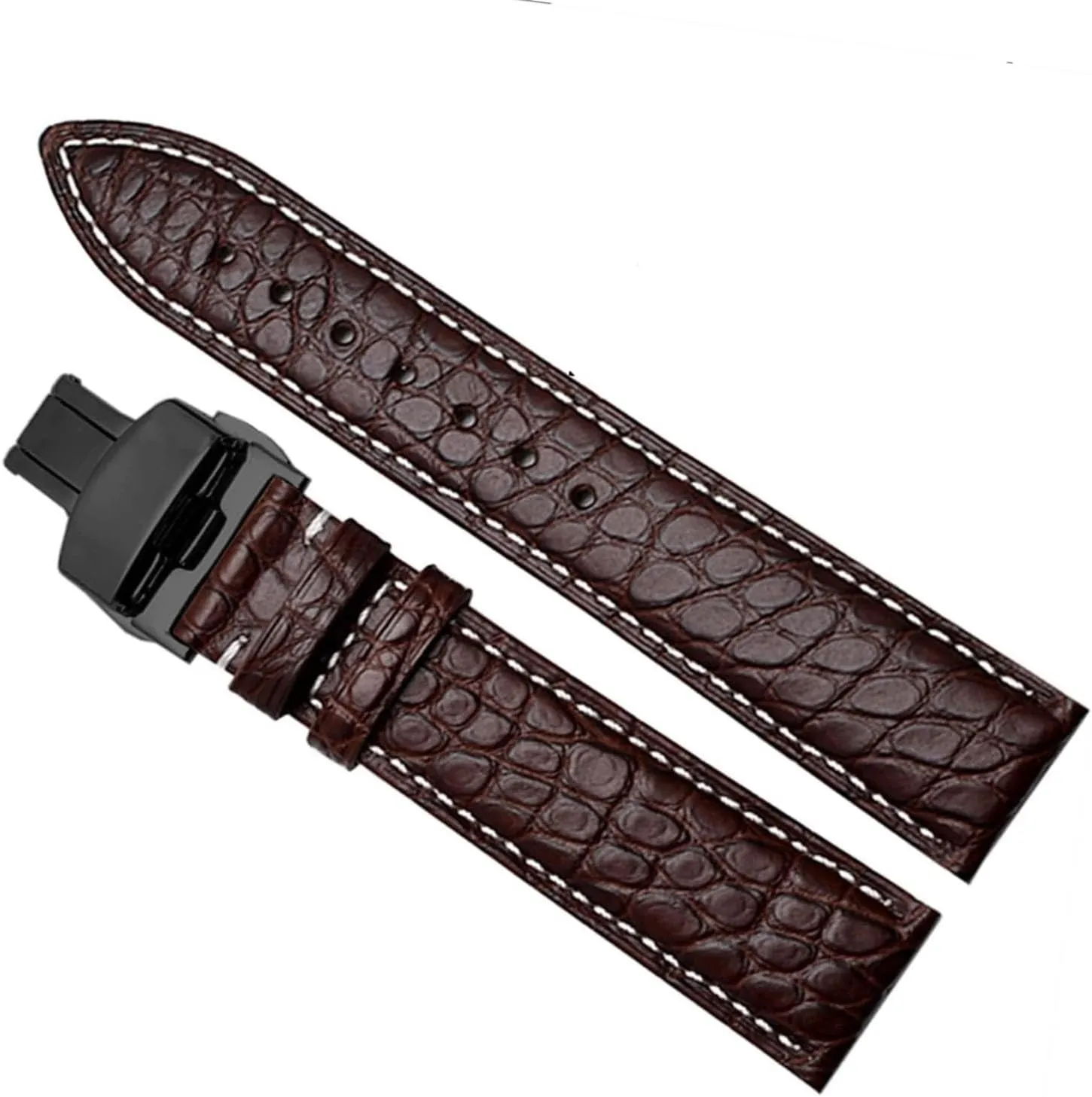 Crocodile Leather watch band for Any Brand Wristband Straps with Folding Clasp(Brown White Black,24mm)