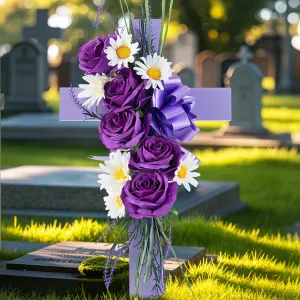 Cross for Cemetery Grave with Flowers: Outdoor Grave Decorations - 1Pc Purple Roses Artificial Flowers Memorial Wooden Cross