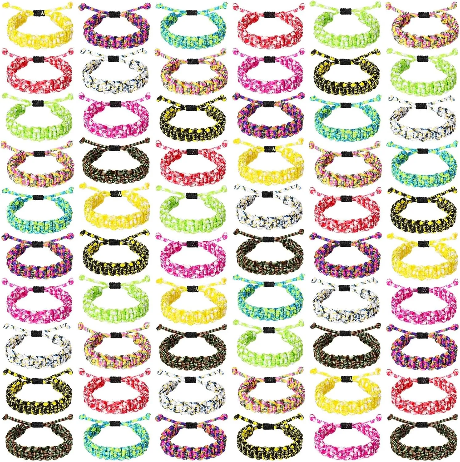 Crowye 60 Pcs Adjustable Paracord Bracelets for Men Bulk Survival Friendship Tactical Braided Bracelets Camo Parachute Cord Wristbands Camping Party Outdoor Climbing Gift