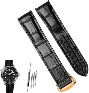 Curved End Genuine Leather Watch Strap For Omega Seamaster 007 Wrist Bracelet With Folding Buckle