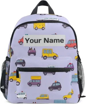 Custom Cartoon Cars Kids Backpack for Girls Boys, Truck Bus Print Toddler Casual Daypack Backpacks, Personalized with Your Kid's Name Preschool School Bag, Children Travel Bookbag with Chest Strap