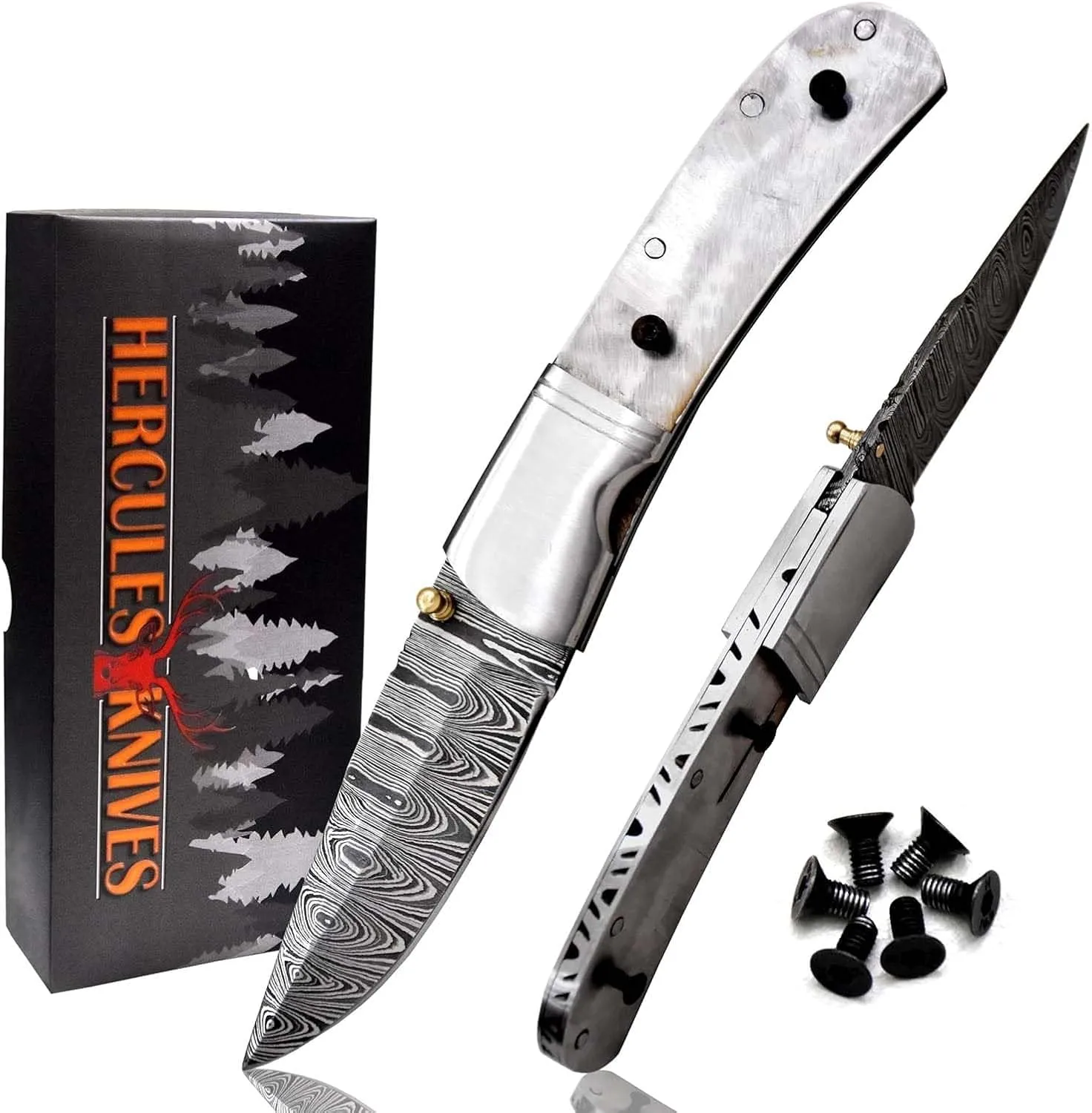Custom Damascus Steel Pocket Folding Knife Blank Blade Hunting Knife DIY Hand Forged Damascus - Camping, Bushcraft, Hiking, Outdoors Knives Handmade Damascus Bolster Knife Making Supply (FBX-08)