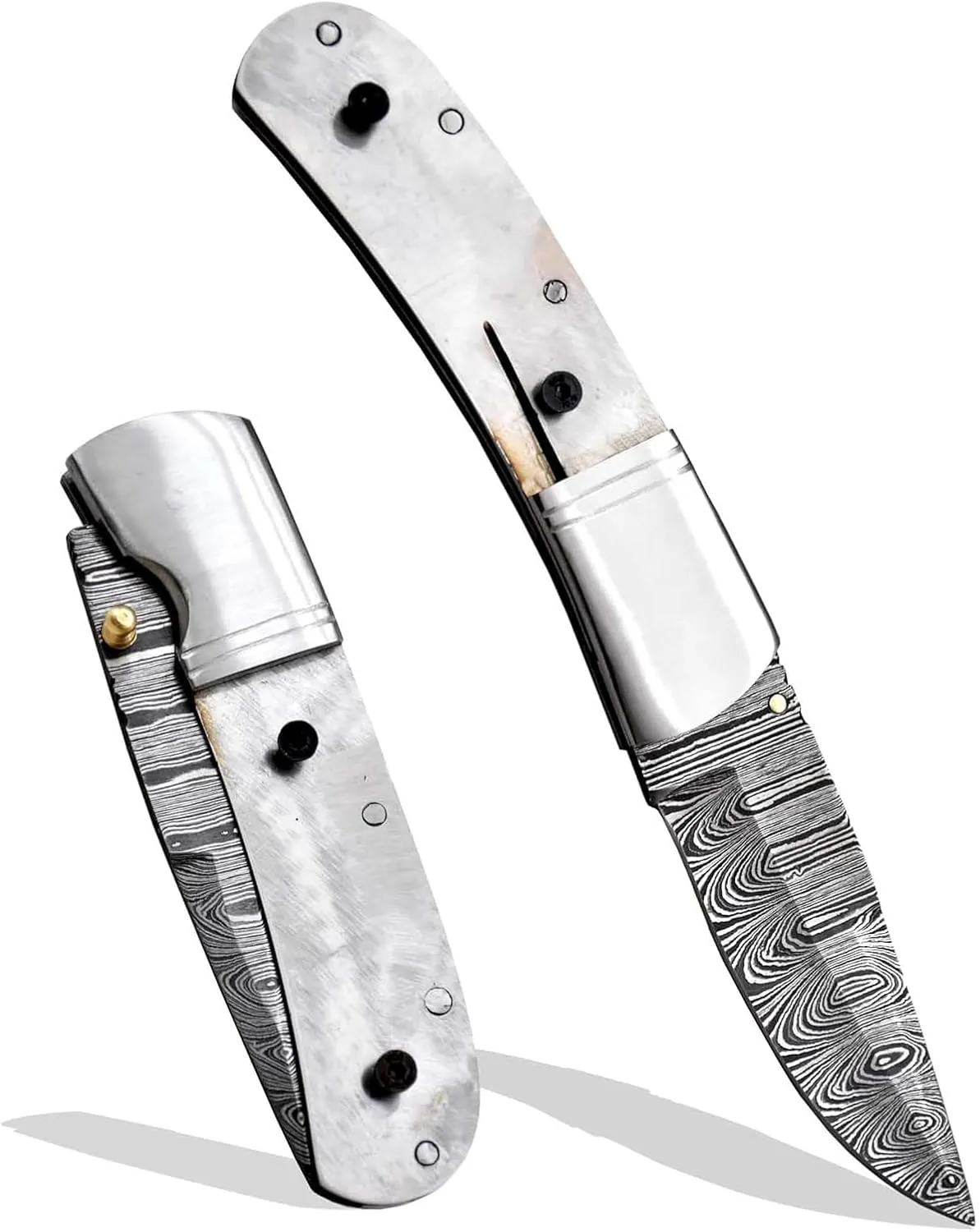 Custom Damascus Steel Pocket Folding Knife Blank Blade Hunting Knife DIY Hand Forged Damascus - Camping, Bushcraft, Hiking, Outdoors Knives Handmade Damascus Bolster Knife Making Supply (FBX-08)