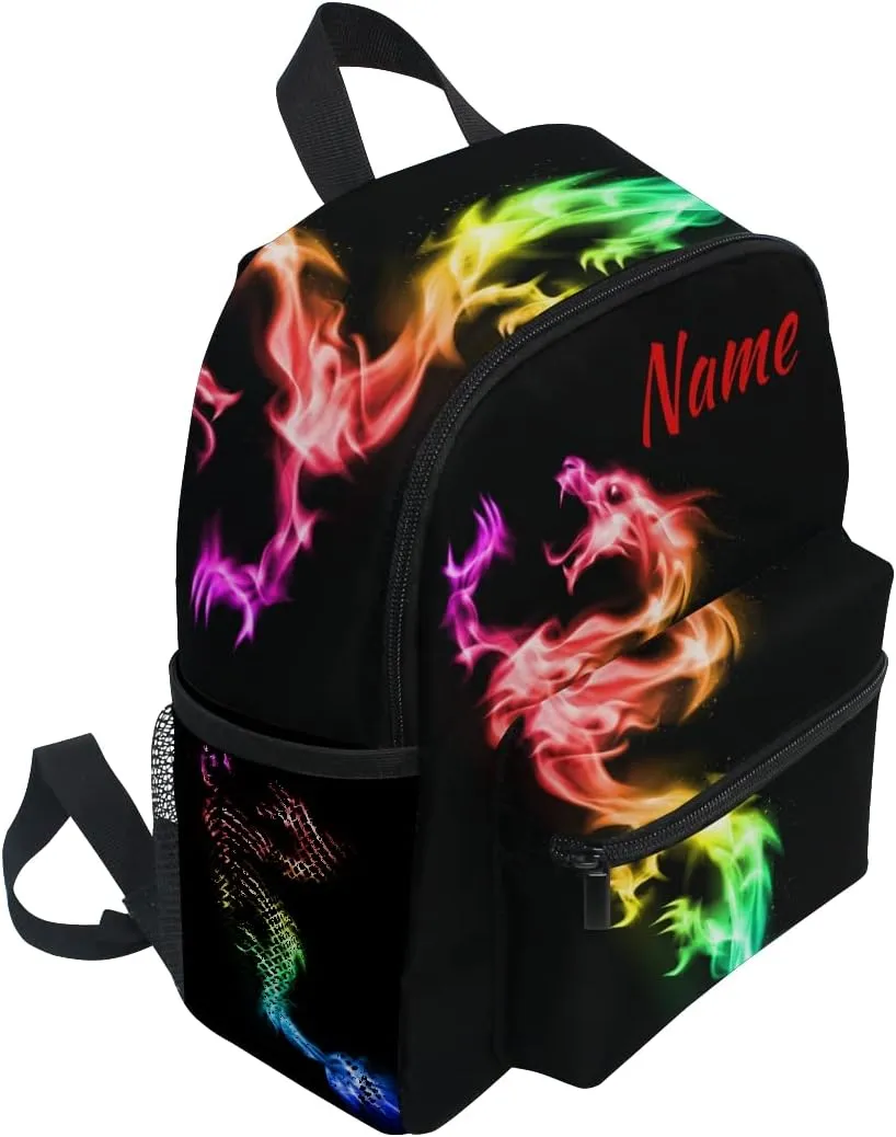 Custom Fire Rainbow Dragon Kids School Backpack Toddler Personalized Your Name Preschool Shoulder Bookbag Kindergarten Elementary School Bag for Small Boys Girls