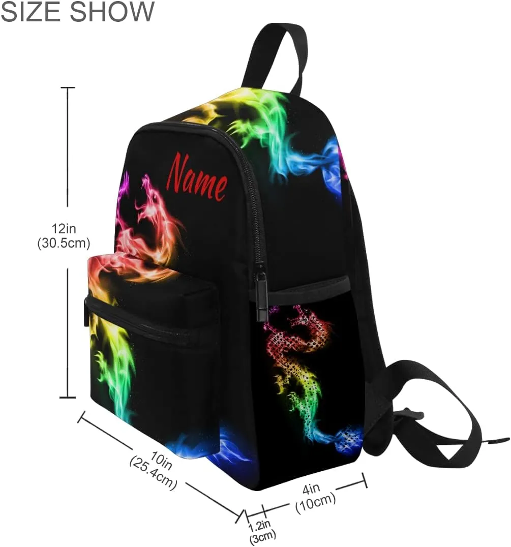 Custom Fire Rainbow Dragon Kids School Backpack Toddler Personalized Your Name Preschool Shoulder Bookbag Kindergarten Elementary School Bag for Small Boys Girls