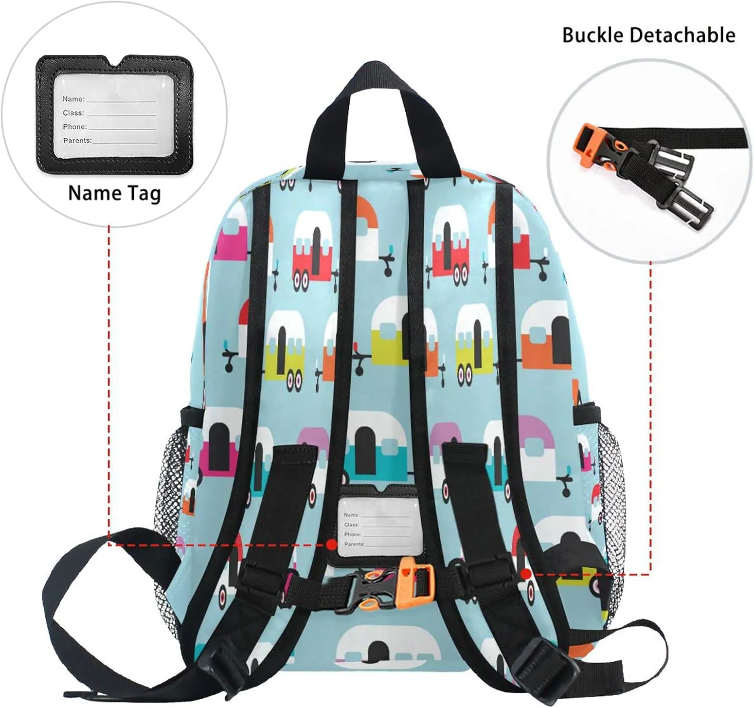 Custom Happy Camper Caravan Retro Backpack for Kids Students Personized School Bag Toddler Daycare Preschool Shoulder Bookbag Kindergarten Elementary Travel for Boys Girls S