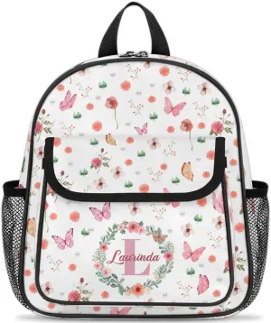 Custom Mini-Backpack for Girls-Kids-Toddler with Initial Name, Personalized Cute Flower Butterfly Mini Schoolbags, Children Kindergarten Preschool Bookbag, for Travel Daypack Nursery Daycare