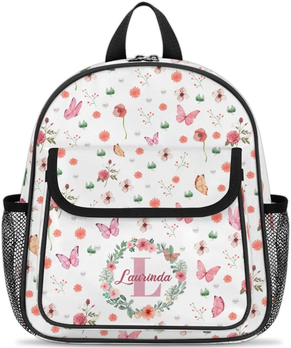 Custom Mini-Backpack for Girls-Kids-Toddler with Initial Name, Personalized Cute Flower Butterfly Mini Schoolbags, Children Kindergarten Preschool Bookbag, for Travel Daypack Nursery Daycare