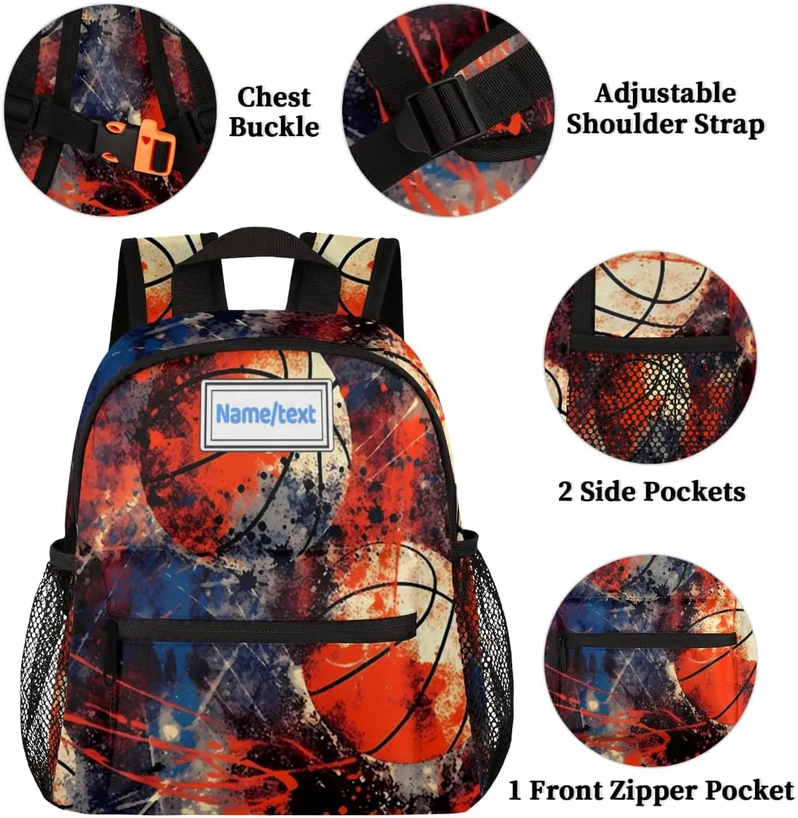 Custom Toddler Backpack for Boy Girl Personalized Kids Backpack with Name, Basketball Graffiti Art Painting Preschool Bag with Chest Strap, Nursery Rucksack for Kindergarten Kids Gift