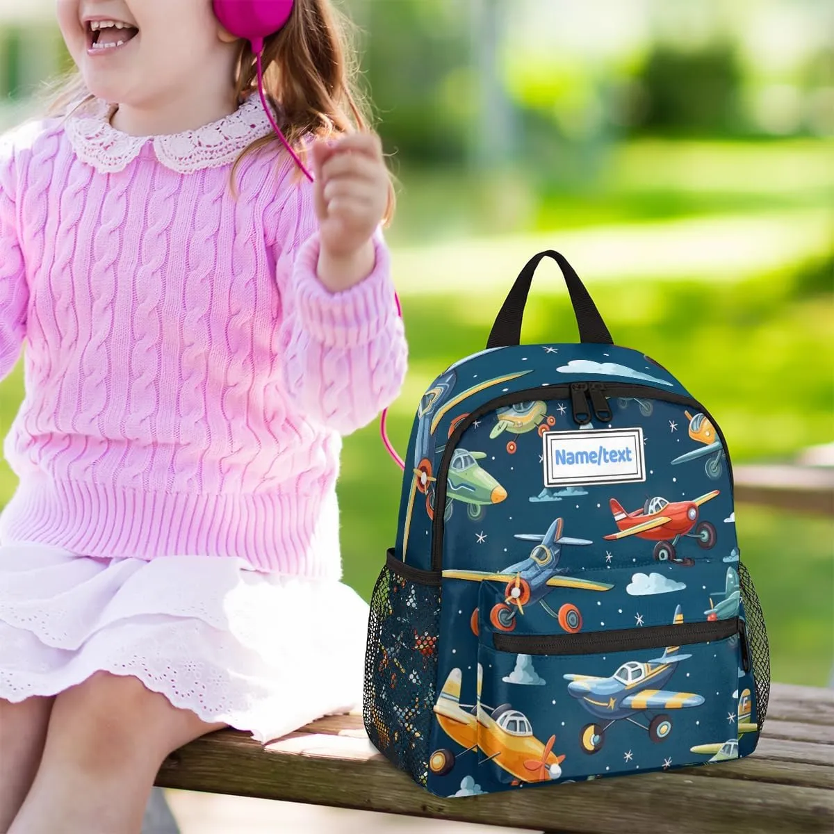 Custom Toddler Backpack for Boy Girl Personalized Kids Backpack with Name, Cartoon Airplanes Sky Pattern Preschool Bag with Chest Strap, Nursery Rucksack for Kindergarten Children Kids Gift