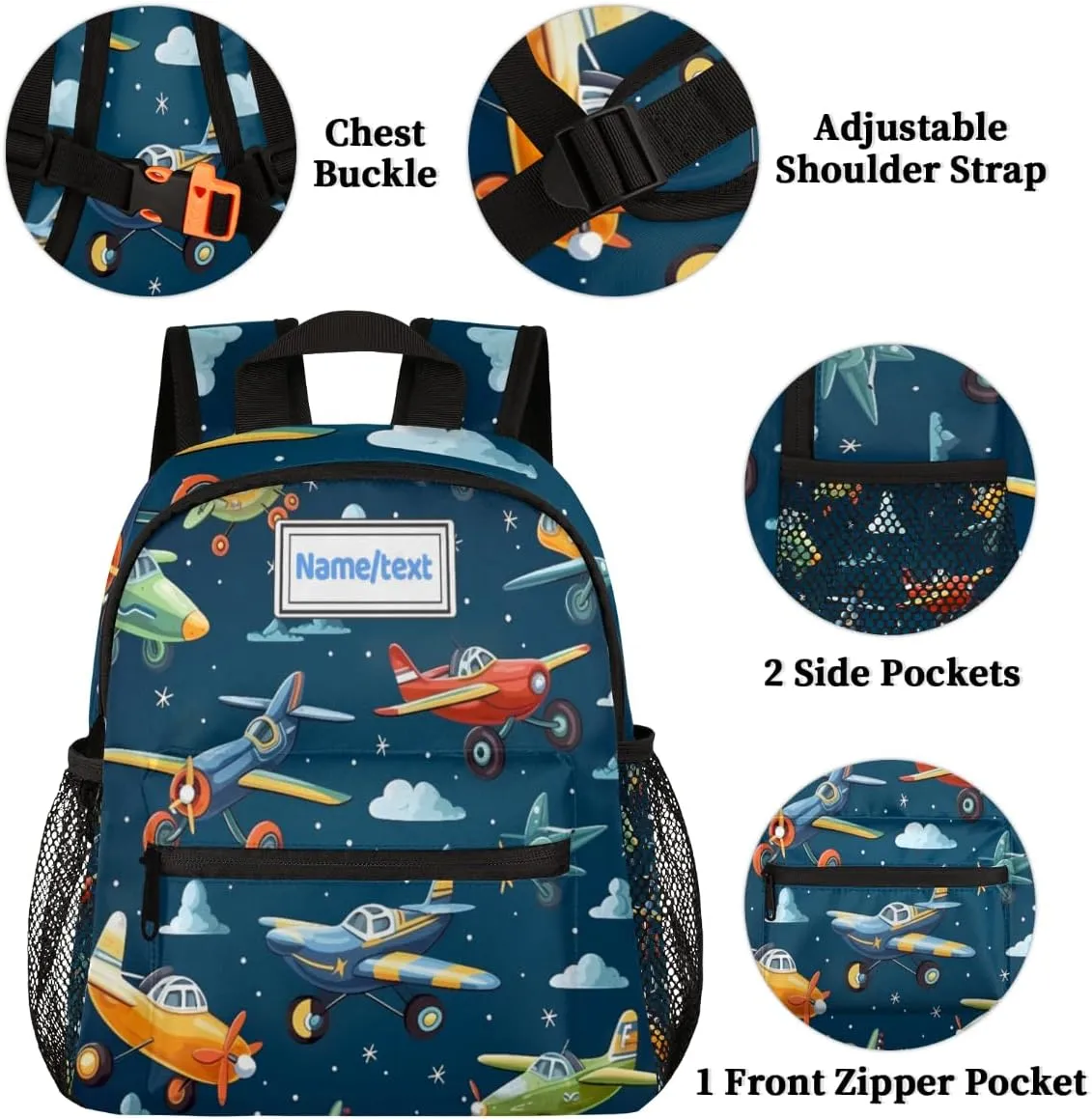 Custom Toddler Backpack for Boy Girl Personalized Kids Backpack with Name, Cartoon Airplanes Sky Pattern Preschool Bag with Chest Strap, Nursery Rucksack for Kindergarten Children Kids Gift