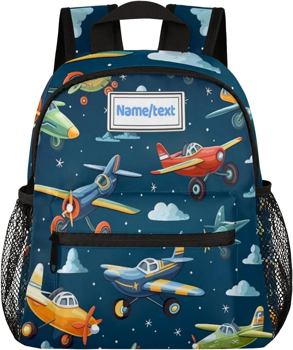 Custom Toddler Backpack for Boy Girl Personalized Kids Backpack with Name, Cartoon Airplanes Sky Pattern Preschool Bag with Chest Strap, Nursery Rucksack for Kindergarten Children Kids Gift