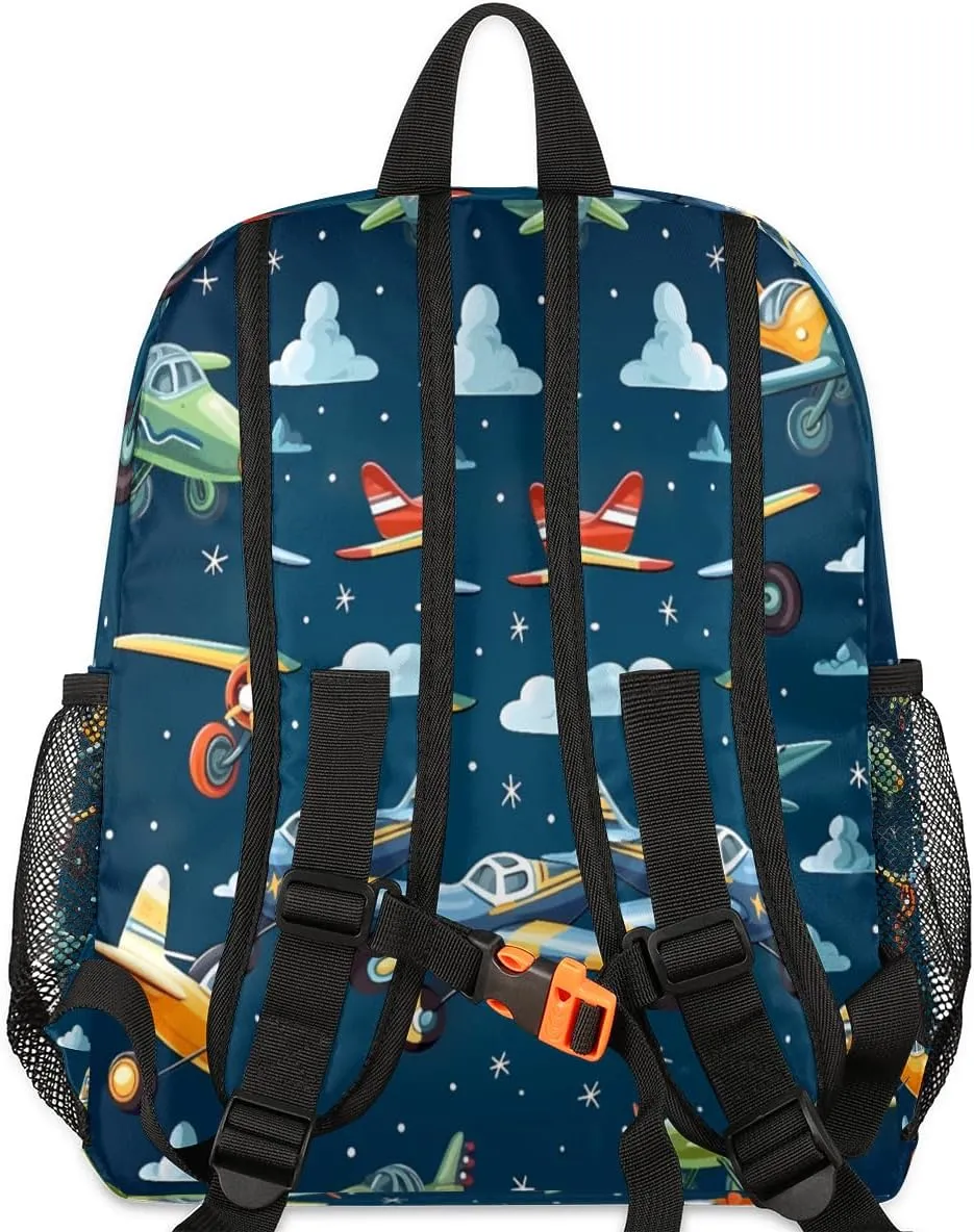 Custom Toddler Backpack for Boy Girl Personalized Kids Backpack with Name, Cartoon Airplanes Sky Pattern Preschool Bag with Chest Strap, Nursery Rucksack for Kindergarten Children Kids Gift