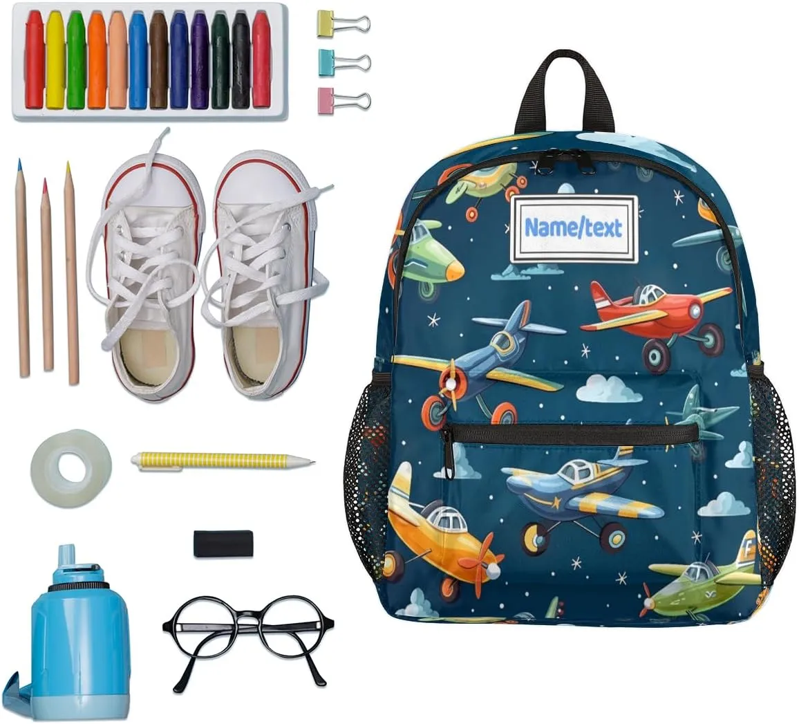 Custom Toddler Backpack for Boy Girl Personalized Kids Backpack with Name, Cartoon Airplanes Sky Pattern Preschool Bag with Chest Strap, Nursery Rucksack for Kindergarten Children Kids Gift