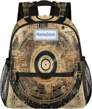 Custom Toddler Backpack for Boy Girl Personalized Kids Backpack with Name, Vintage Music Recor Vinly Cd Pattern Preschool Bag with Chest Strap, Nursery Rucksack for Kindergarten Kids Gift
