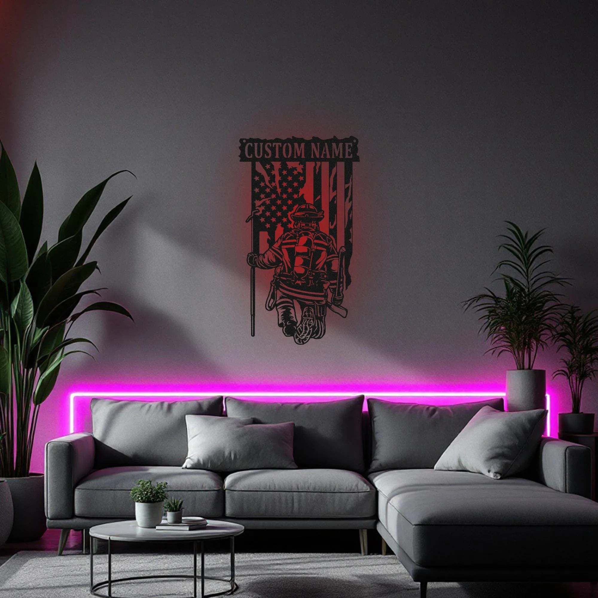 Custom US Fire Fighter Metal Wall Art With Led Light, Personalized Fire Fighter Name Sign Decoration For Room, Fire Fighter Metal Led Decor