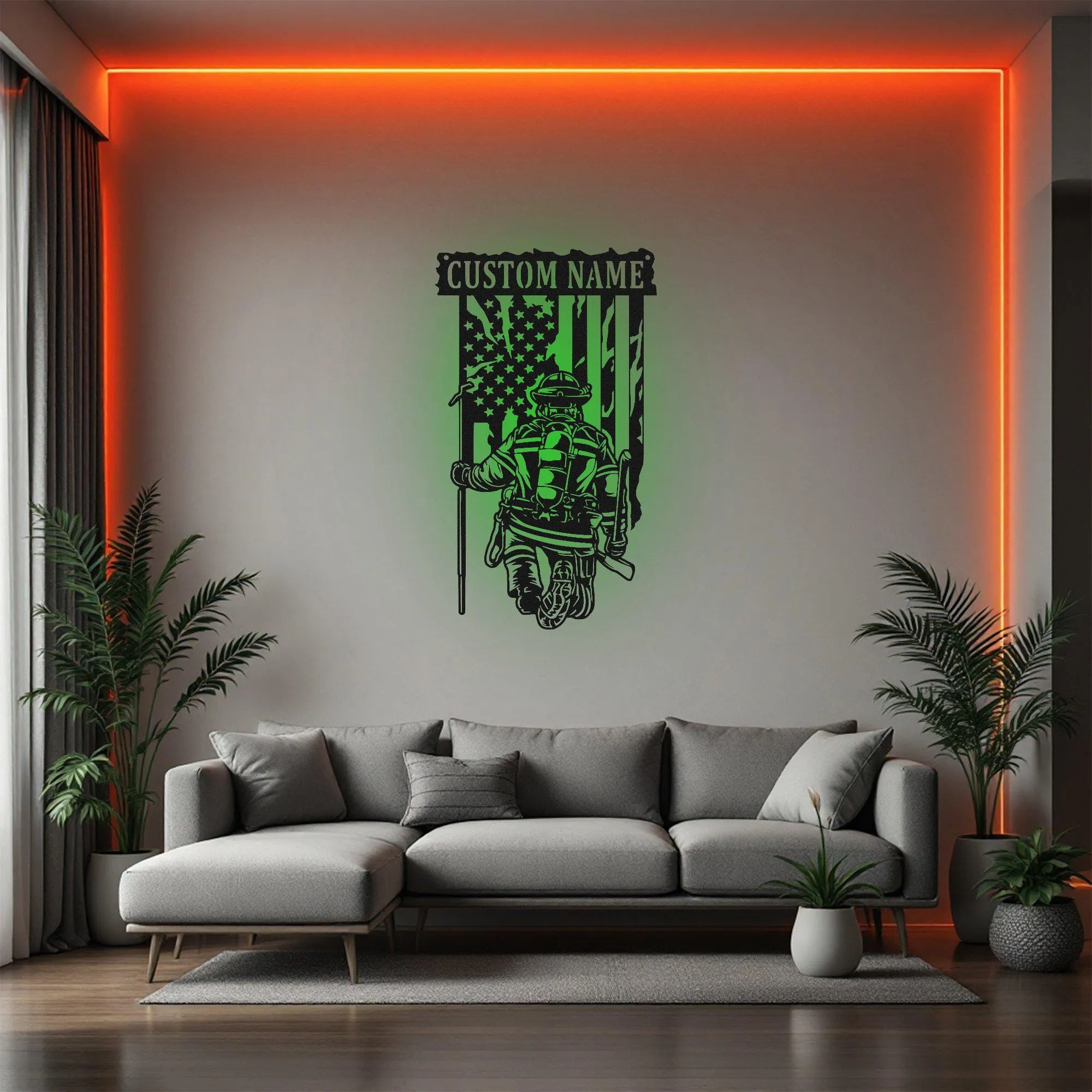 Custom US Fire Fighter Metal Wall Art With Led Light, Personalized Fire Fighter Name Sign Decoration For Room, Fire Fighter Metal Led Decor