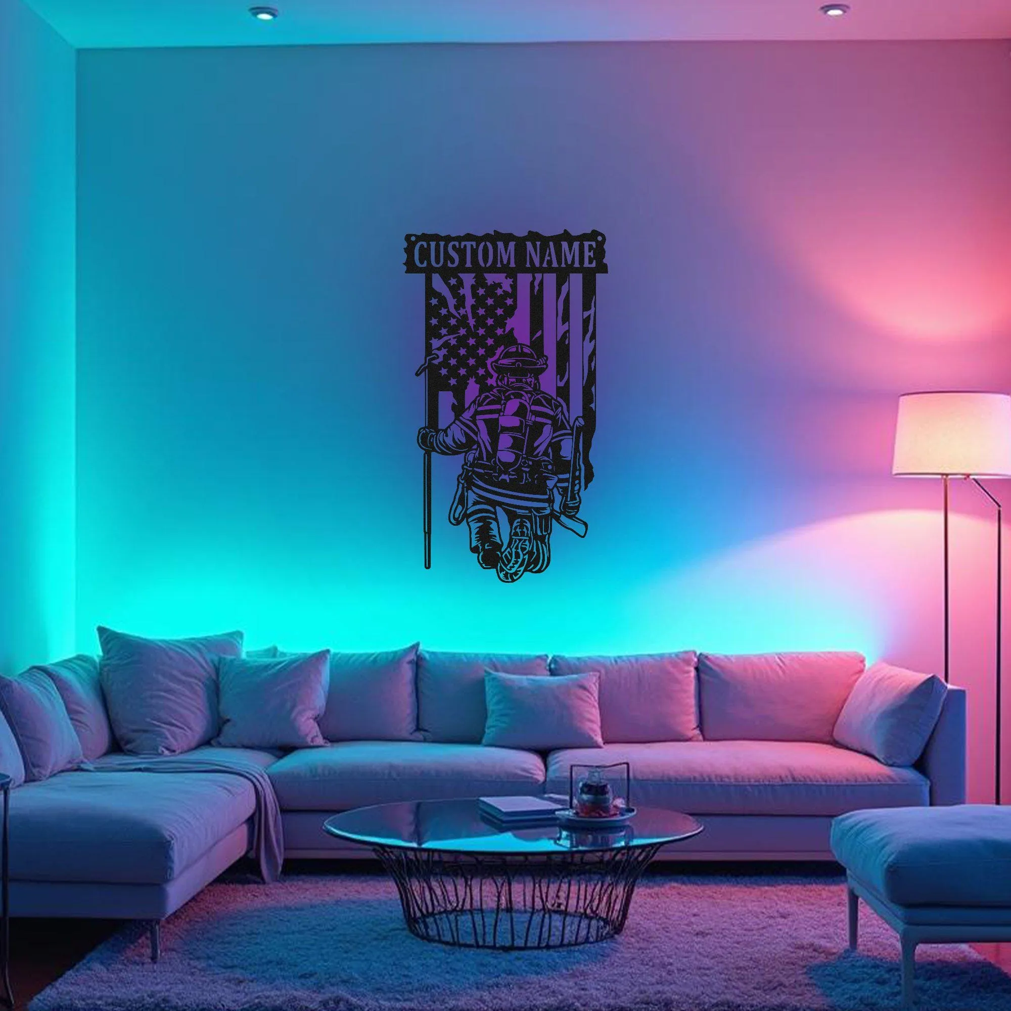 Custom US Fire Fighter Metal Wall Art With Led Light, Personalized Fire Fighter Name Sign Decoration For Room, Fire Fighter Metal Led Decor