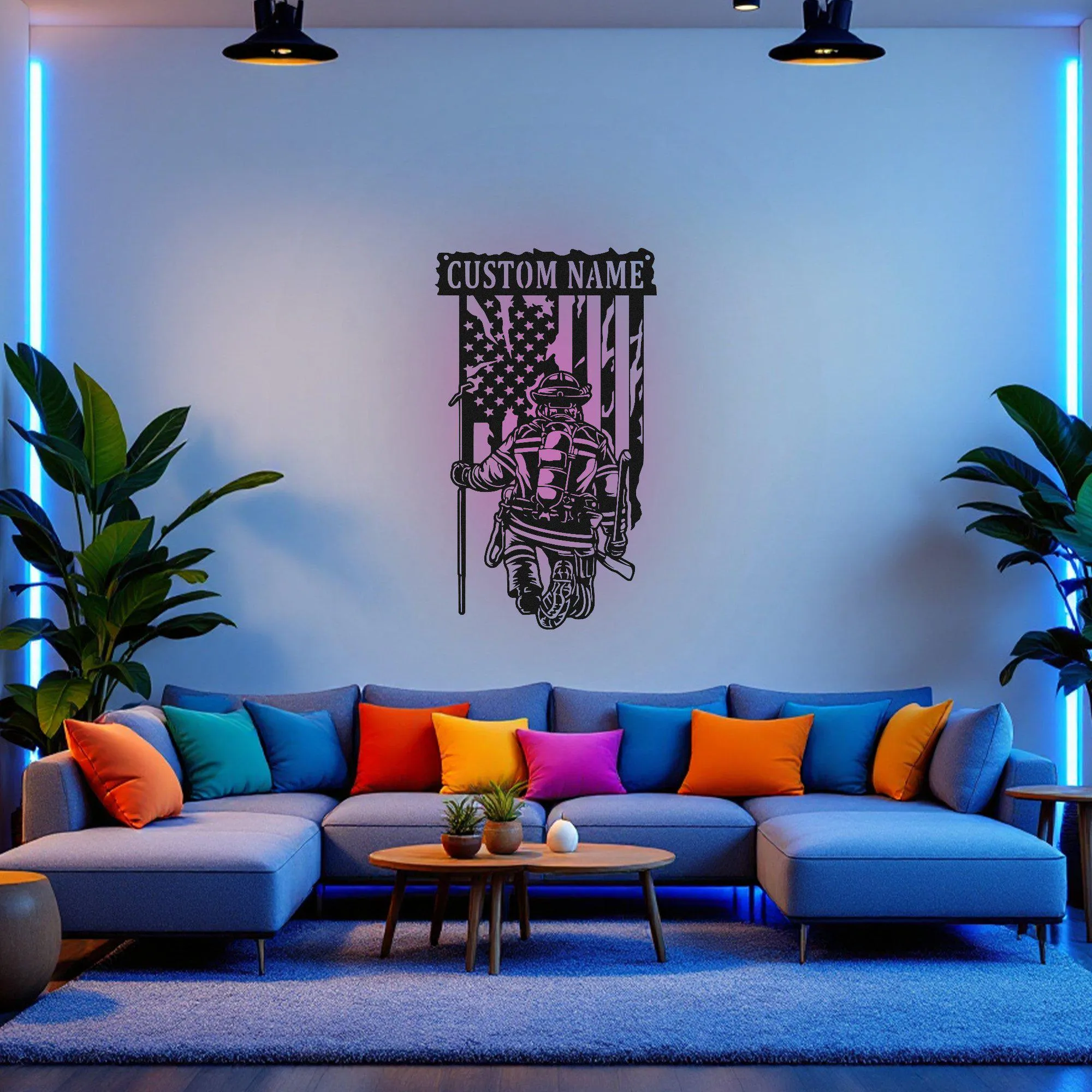 Custom US Fire Fighter Metal Wall Art With Led Light, Personalized Fire Fighter Name Sign Decoration For Room, Fire Fighter Metal Led Decor