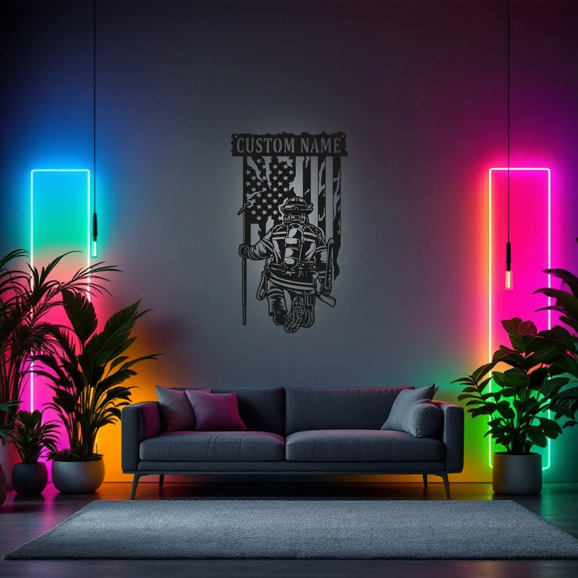 Custom US Fire Fighter Metal Wall Art With Led Light, Personalized Fire Fighter Name Sign Decoration For Room, Fire Fighter Metal Led Decor