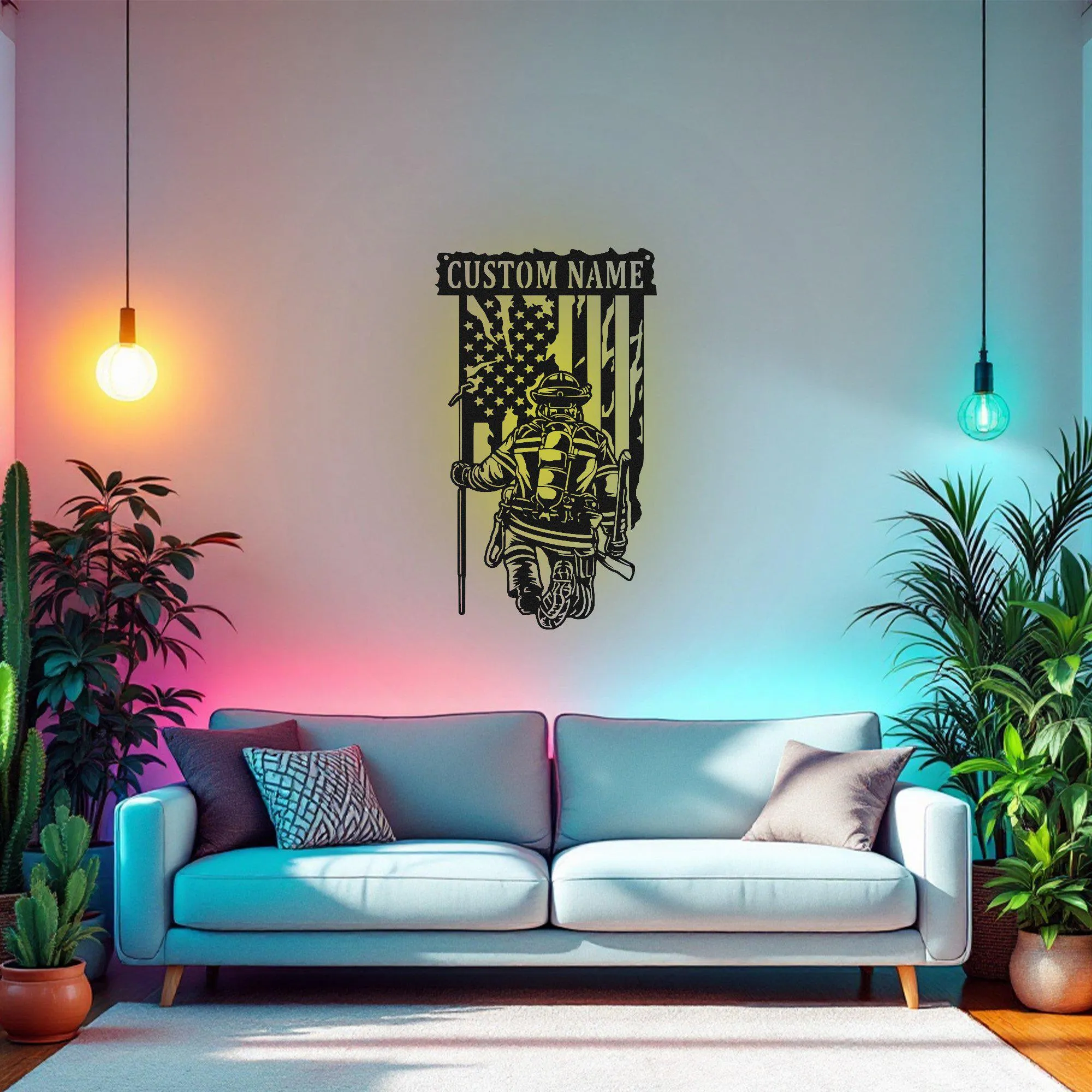 Custom US Fire Fighter Metal Wall Art With Led Light, Personalized Fire Fighter Name Sign Decoration For Room, Fire Fighter Metal Led Decor