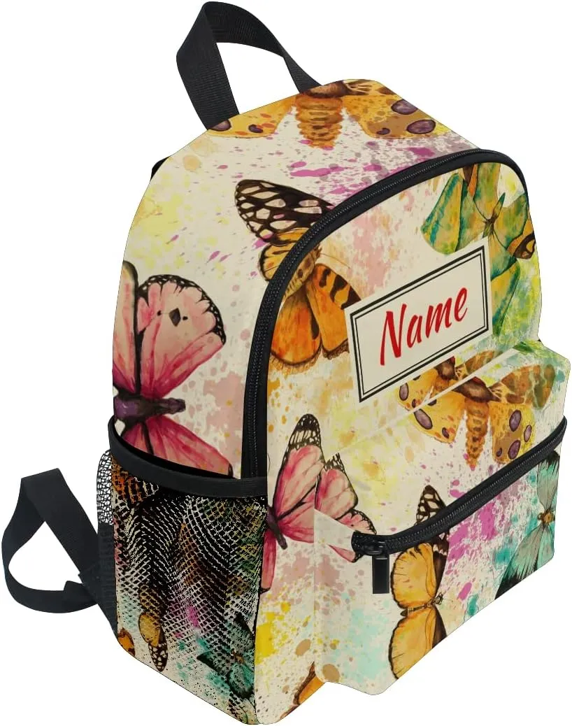Custom Watercolor Butterflies Kids School Backpack Toddler Personalized Your Name Preschool Shoulder Bookbag Kindergarten Elementary School Bag for Small Boys Girls
