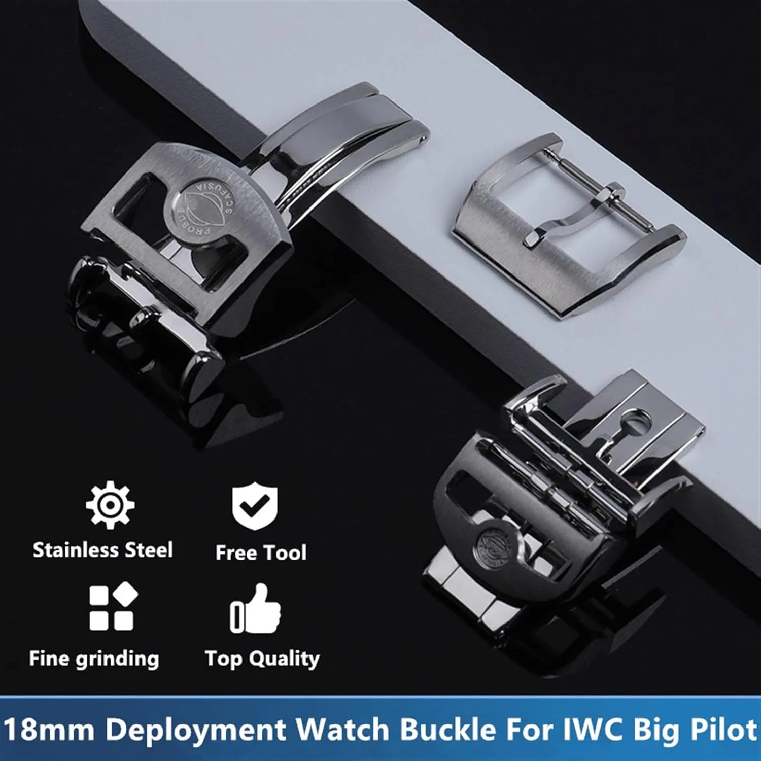 CZKE 316L Stainless Steel 18mm Deployment Butterfly Watch Buckle for IWC Big Pilot Spitfire Leather Watchband Strap Folding Clasp (Color : Long Buckle, Size : 18mm)