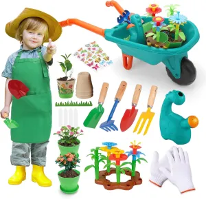 deAO Kids Gardening Tools Set, Gardening Set for Kids, Garden Toys with Wheelbarrow, Watering Can, Shovel, Apron, Flower Garden Building Toy, Pretend Play Outdoor Indoor Toy for Boys Girls